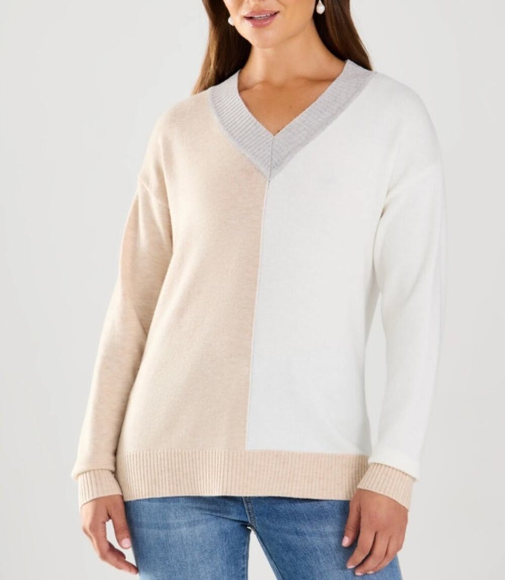FDJ Oatmix Color Block Long Sleeve V-Neck Sweater Women's Medium
